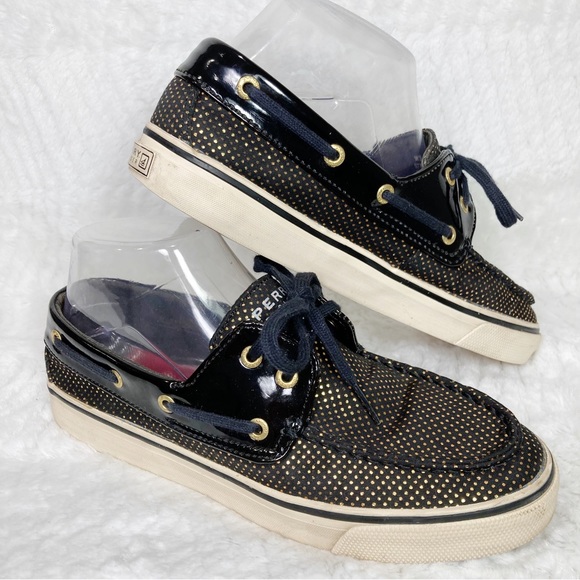 Sperry Topsider Black Patent Gold Pin Dot Boat Shoes - Picture 2 of 8